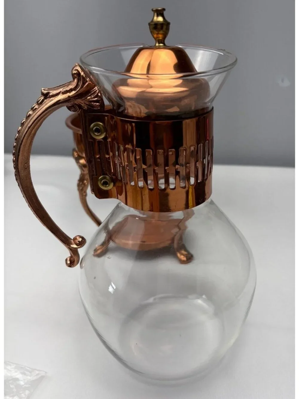 Princess House Copper Brass Coffee/Tea Carafe Lid Ornate Stand Vintage